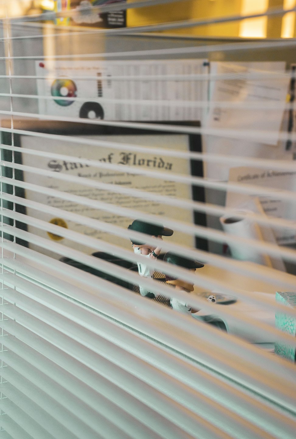 A Florida certificate and desk items viewed through window blinds.